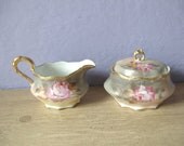 antique sugar bowl and creamer set, Coiffe Limoges France, hand painted pink white roses gold, shabby chic wedding gift
