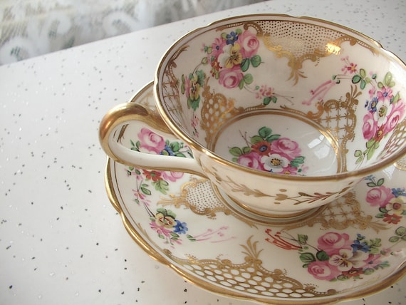 antique gold tea cup and saucer set, Jackson and Gosling Grosvenor Ye Olde English, vintage 1920's pink rose hand painted,RESERVED 4 olive