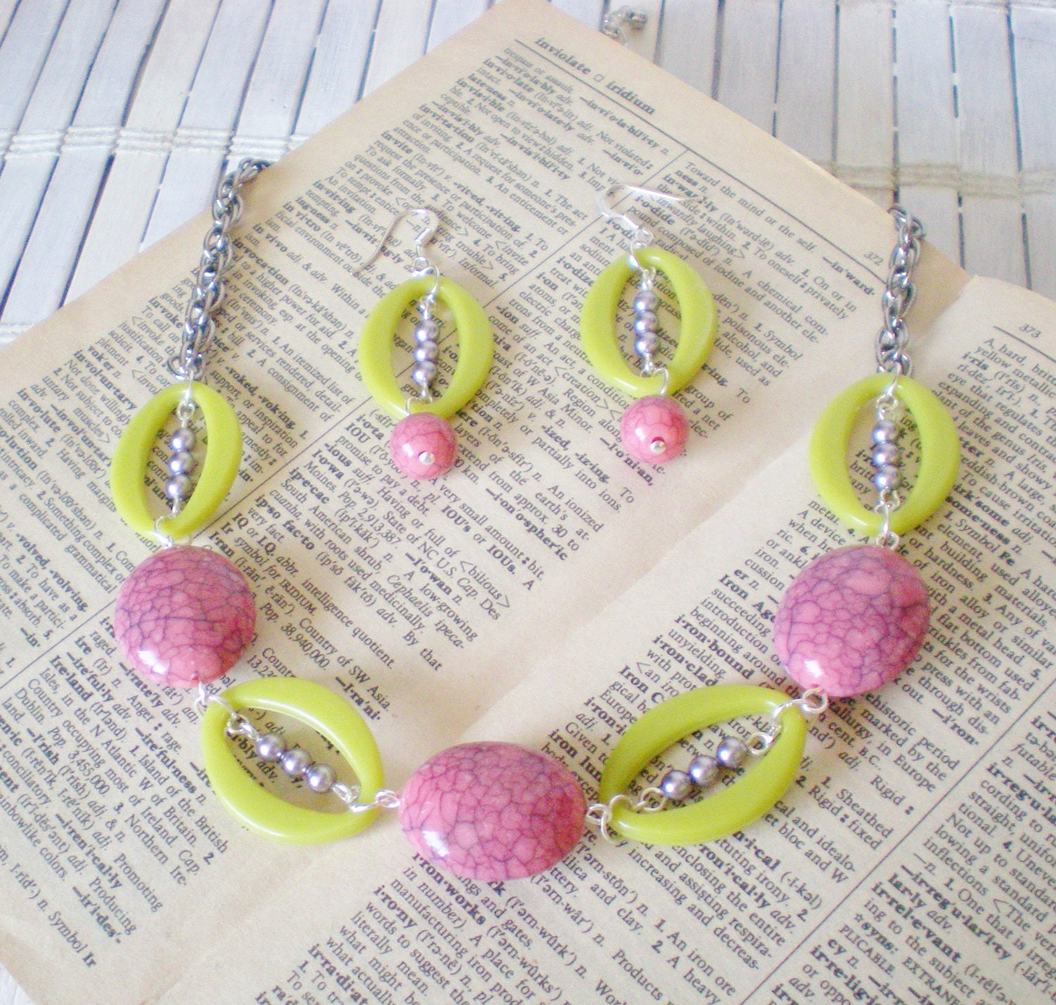Mauve Pink & Olive Green, Beaded Necklace Earrings Matching Set Handmade