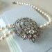 Double Strand Pearl Necklace - Rhinestone Brooch Bridal Pearl Necklace - Swarovski Pearls Estate Style OOAK Necklace - Madison