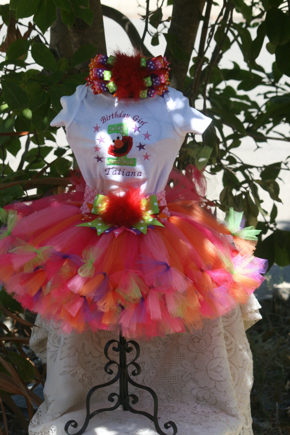 Elmo Tutu Birthday Outfit, three piece set: petti tutu, embroidered shirt, and headband.