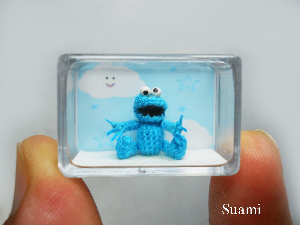 Micro Cookie Monster - Extreme Tiny Crochet Character Blue Monster - Made To Order