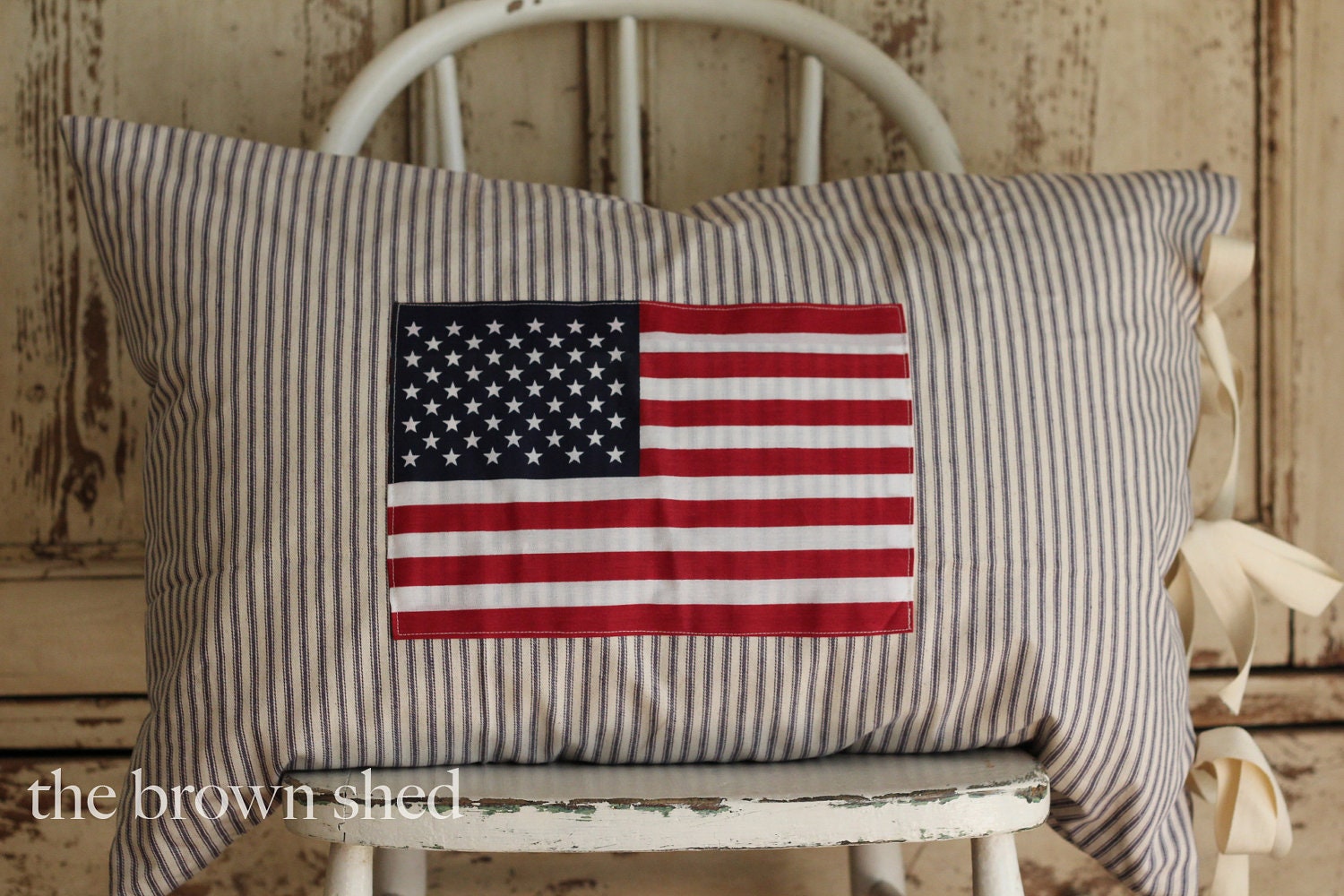 American Flag on Ticking Stripe Pillow Cover