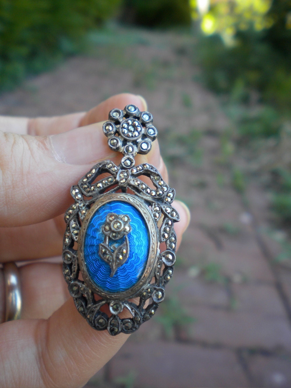 Silver and Gold French Guilloche Enamled Marcasite Brooch Pendant