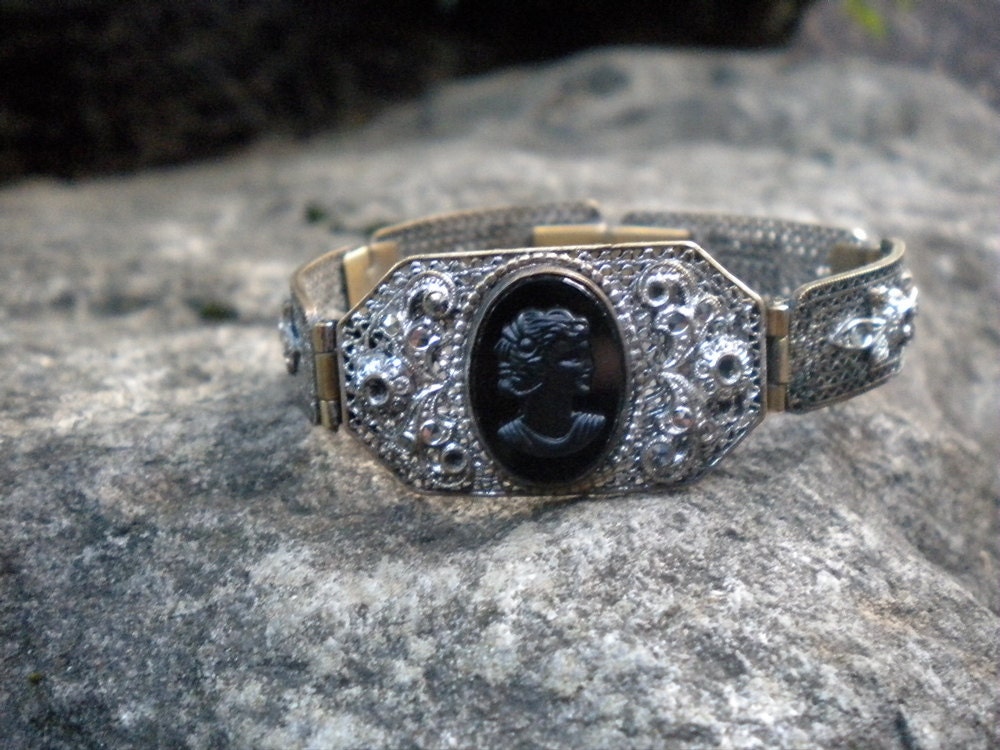 Victorian Filigree Black Cameo Bracelet/ Czechoslovakia bracelet/ Cameo Bracelet with Marcasite