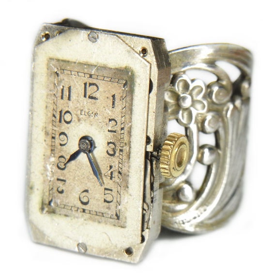 Men's or Women's STEAMPUNK Ring Jewelry - Watch Movement TORCH SOLDERED - Vintage Elgin Watch Face w/ Bold Antique Silver Band