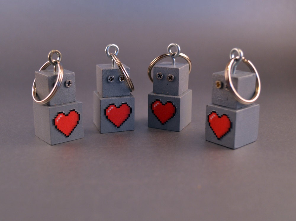 Robot Key Ring Key Chain Accessory, Functional Art, Gray Heart bot