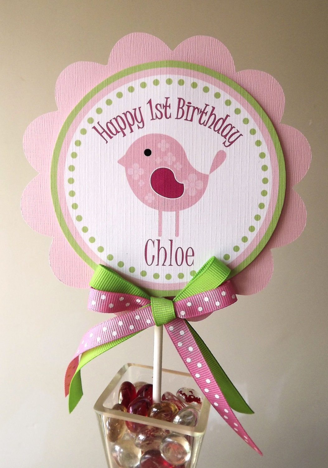 Sweet Tweet Collection in Pink & Green: Smash Cake Topper -Birdie Birthday -Bird small centerpiece Il_570xn