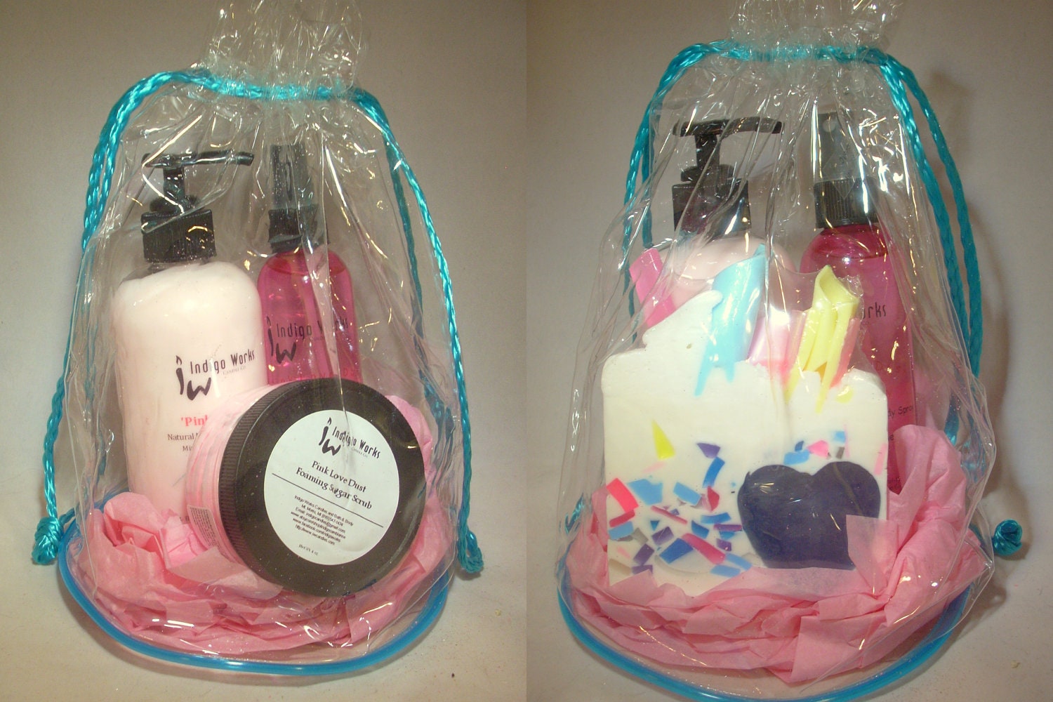 Pink Love Dust 3-Piece Bath Gift Set. Lotion, Body Spray - your choice of Sugar Scrub or Shea Soap.