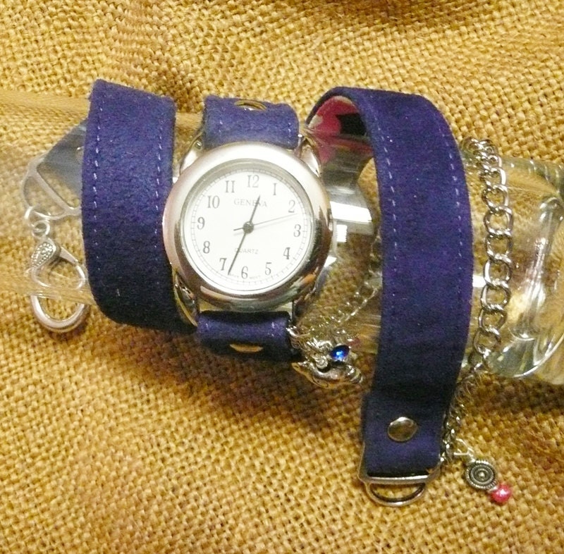Wrap watch blue suede, suede wrap watch,