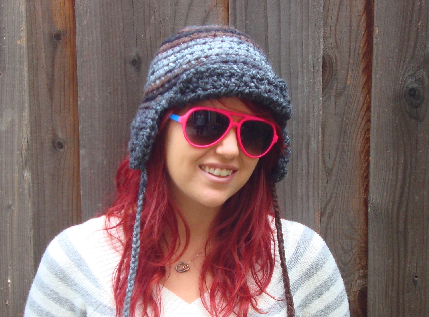 Aviator Hat, Gray/Brown/Black with Dark Gray Brim (crochet ear-flap hat)
