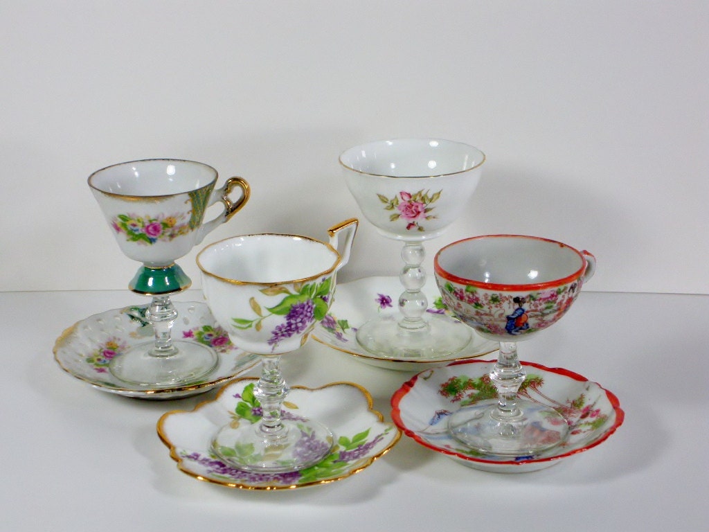 Wedding shot glasses / tea cup wine glass / vintage teacups / vintage demitasse tea cups / special occasion / parties / repurposed set of 4