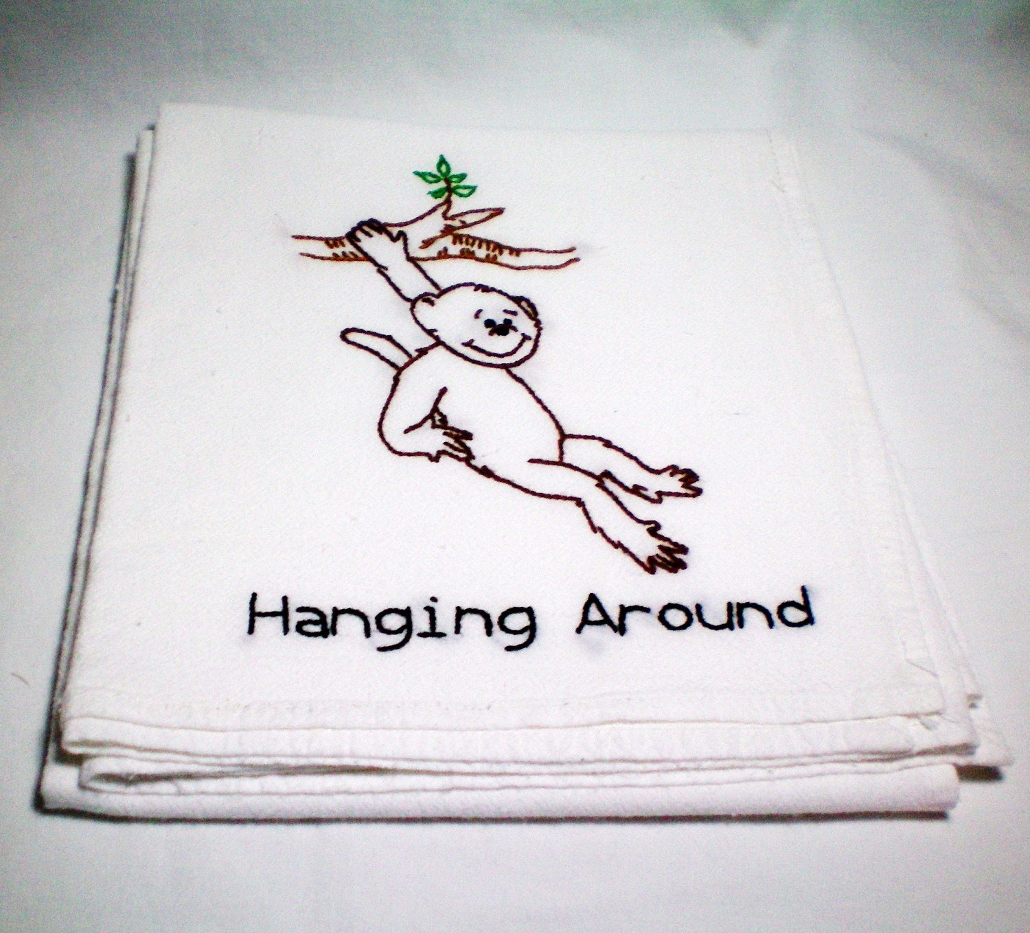 Hanging Around  - Monkey - Dish Towel - Hand Embroidery