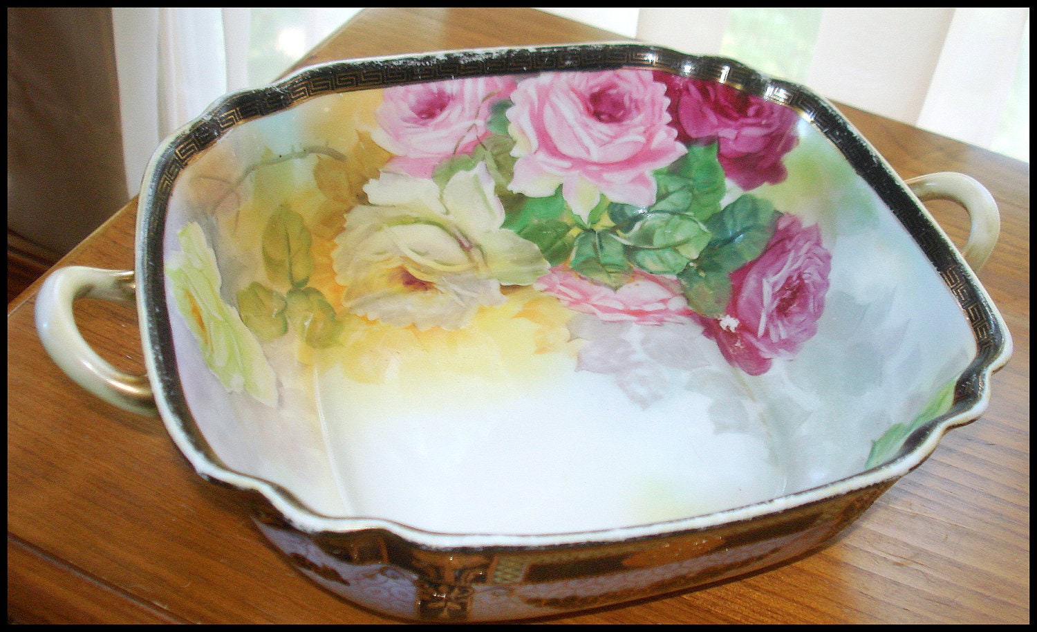 Vintage Flowered Noritake Bowl with Handles. Hand Painted. Gold Trim