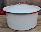 Enamelware Pan White Red with Lid Chippy Shabby Farmhouse Kitchen