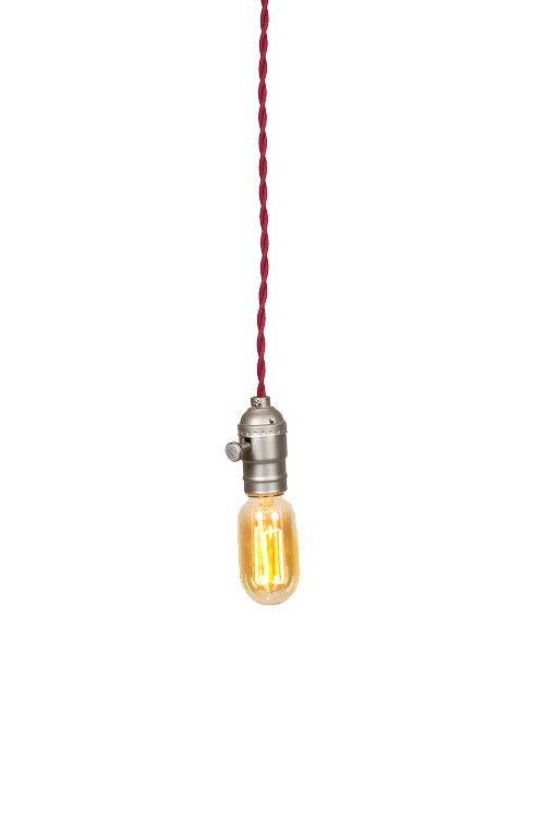 Bare Bulb Minimalist Brushed Silver Socket Colored Wire Pendant ( Wine )