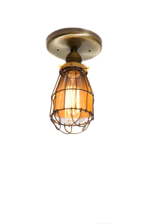 Minimalist Antique Brass Cage Fixture light - Ceiling Flush Mount / Wall Sconce