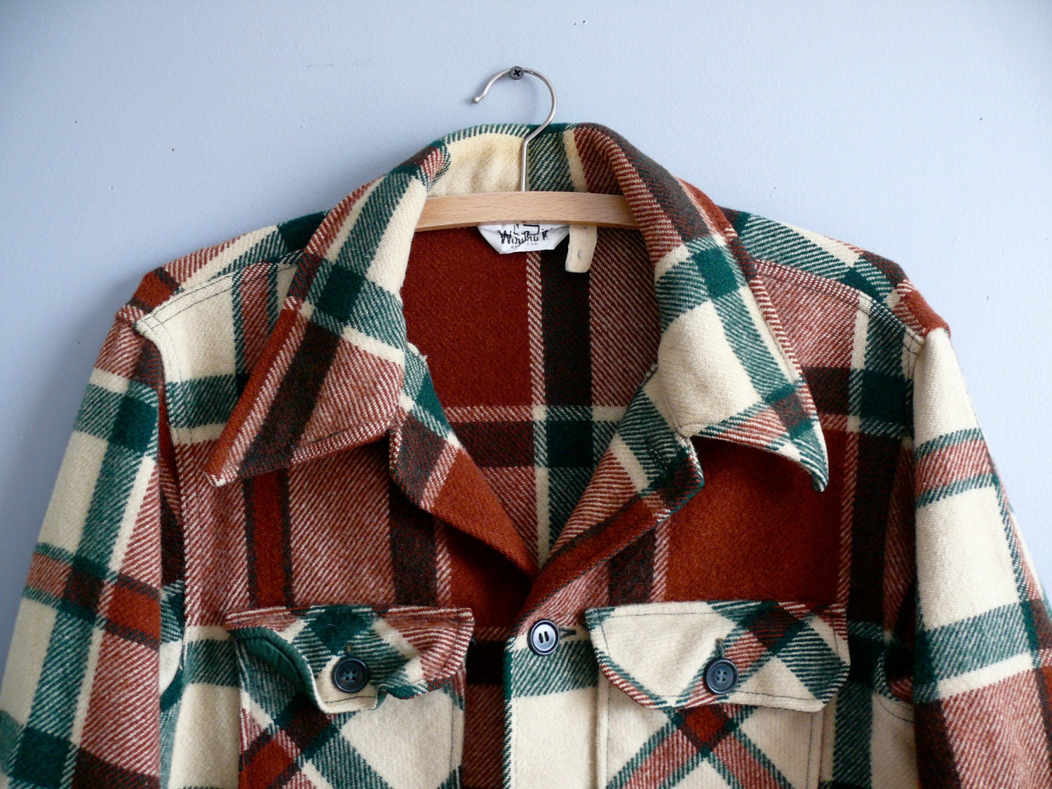 Vintage Mens Woolrich Shirt, Wool Jacket, Rust Brown and Forest Green Plaid