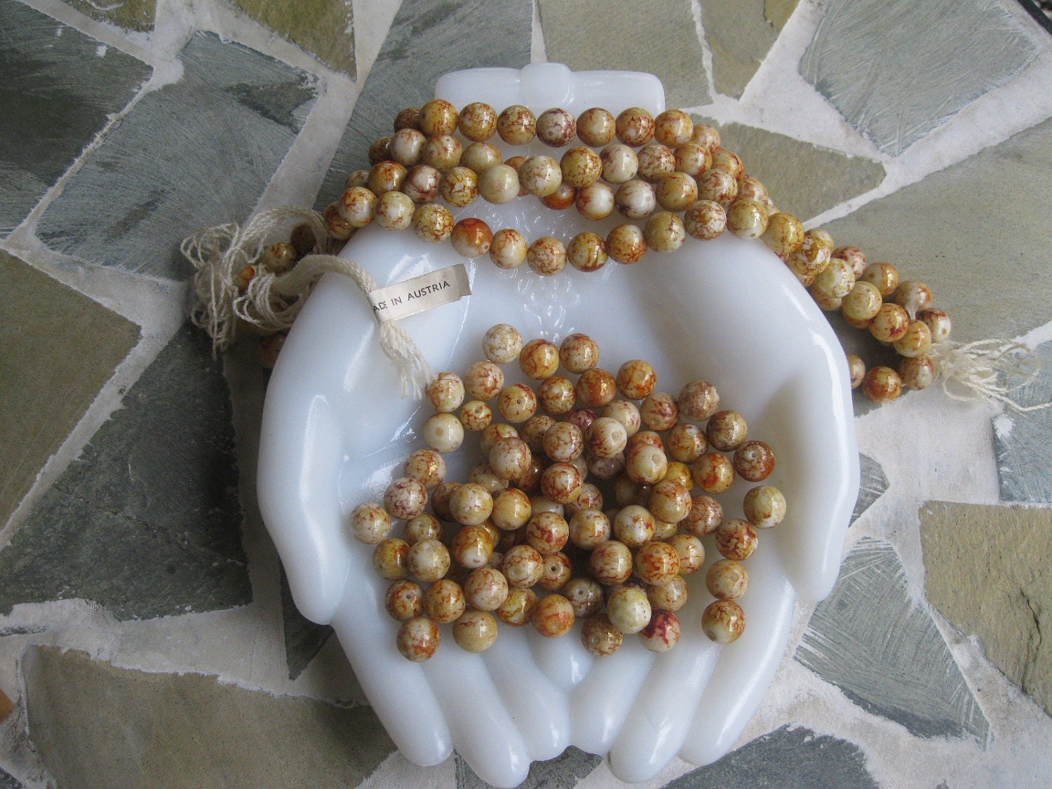 Vintage Austrian Glass Beads 8mm Brown Rust Marble Design - Group of 30