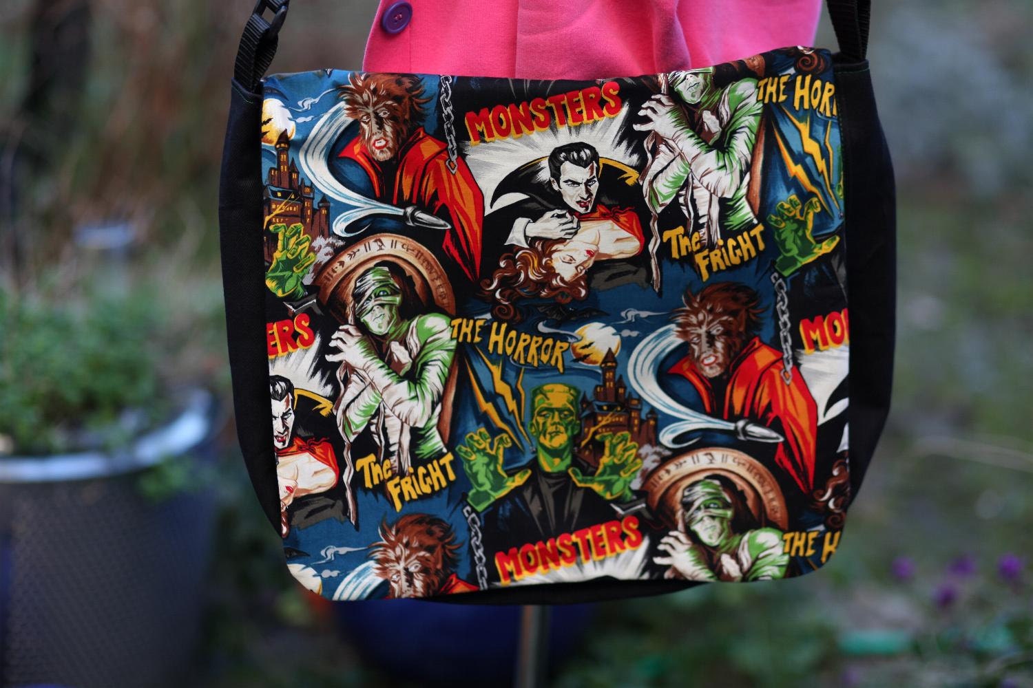 Horror messenger bag.  Heavyweight cotton drill bag.  Adjustable strap
