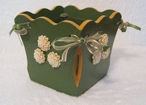 Handmade Decorated Green Gold Vintage Lined Wood Flower Plant Holder Pot - JAShirraPatterns