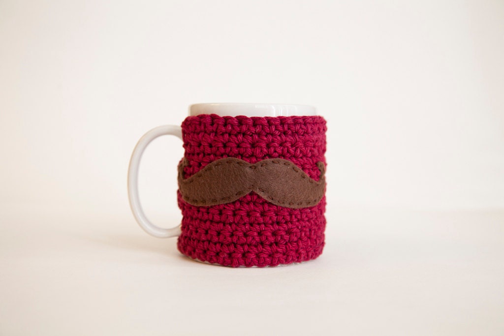 Red Mustache Mug Cozy - Burgundy Cup Cozy - Brown Mustache Mug Cozy