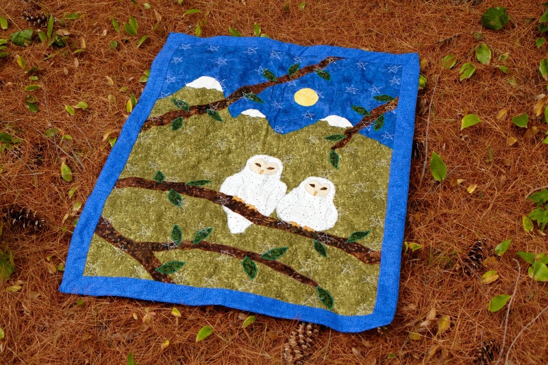 Small Owl Quilt- Nightime with Snow-Capped Mountains- Cotton Applique with Eyelet