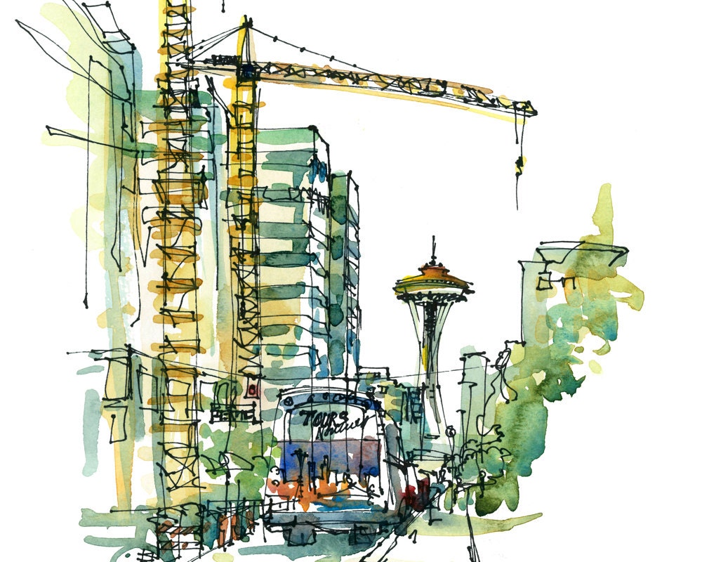 Seattle Space Needle sketch  Seattle skyline Print from a watercolor sketch - 8x10 print for traveler