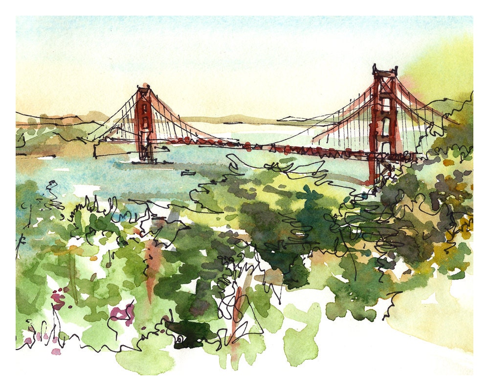 San Francisco Golden Gate Bridge California watercolor sketch  8x10 prints form an original sketch