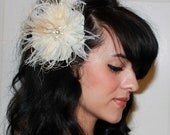 Bridal Cream Ivory Goose with Bleached Champagne Peacock and Ostrich Feathers Flower like Style Boutique Hair Clip Fascinator Photp Prop