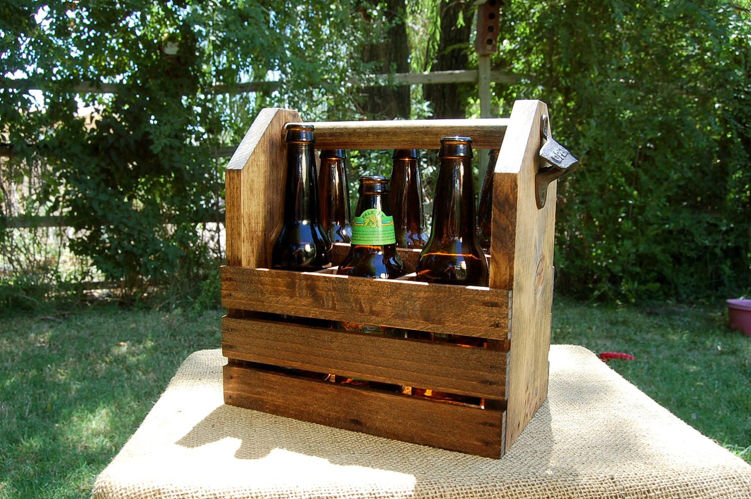 Six Pack Wood 12oz Beer Bottle Carrier - Homebrew - Handcrafted  w/ Rustic Bottle Opener - Stained - Rustic