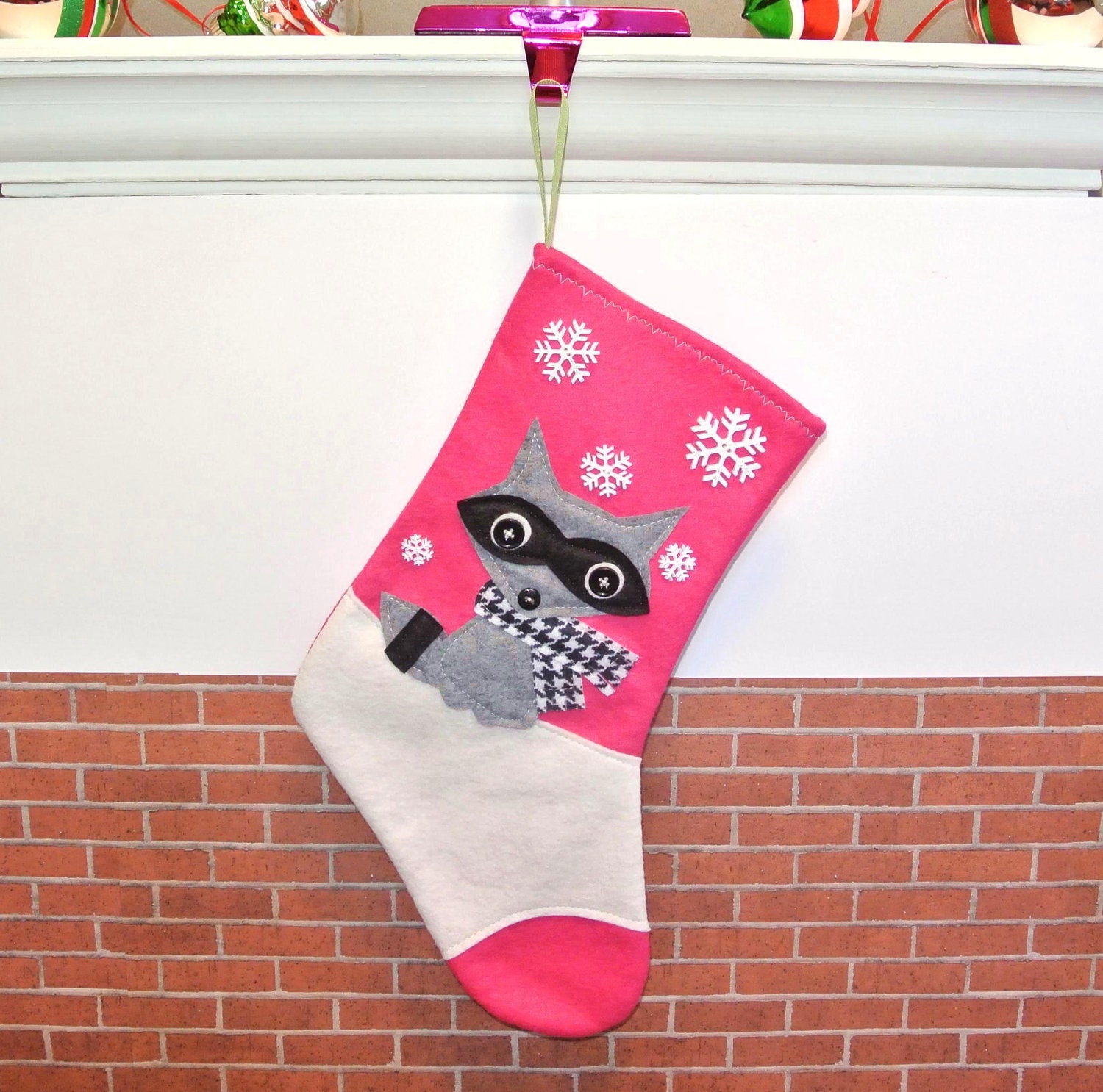 Raccoon Christmas Stocking in Hot Pink by Allenbrite Studio