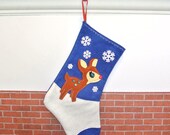 Retro Rudolph Deer Christmas Stocking in Sapphire Blue by Allenbrite Studio