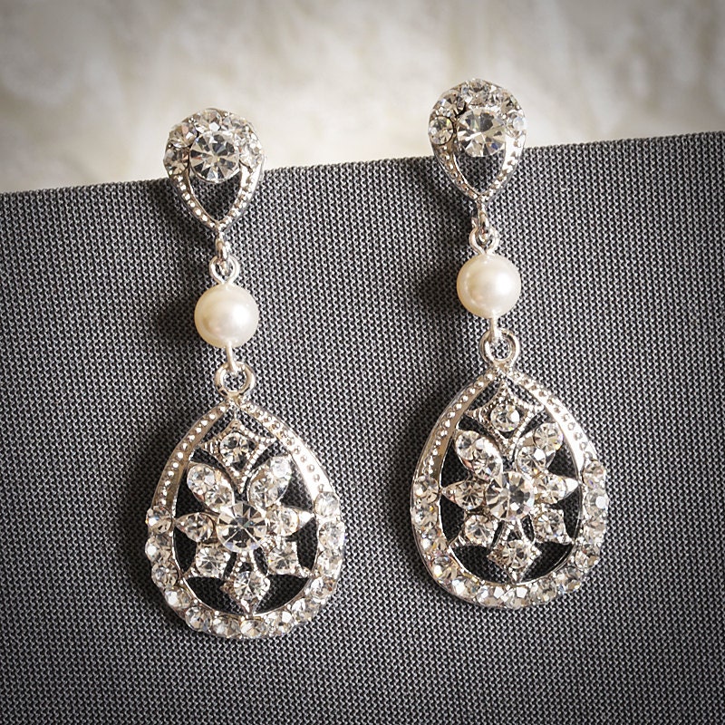 LABINIA, Swarovski Crystal and Pearl Bridal Earrings, Vintage Style Rhinestone Teardrop Wedding Dangle Earrings, Old Hollywood Jewelry
