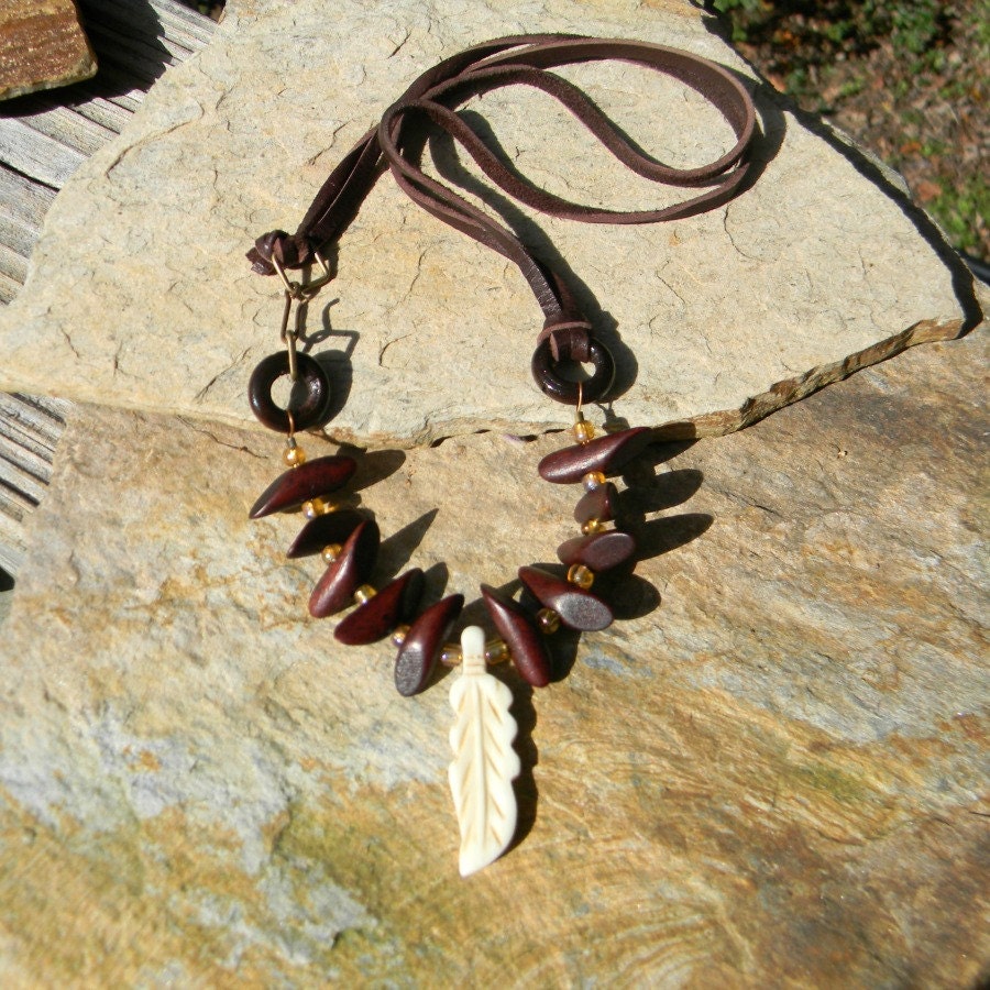 Leather cord necklace feather necklace wood tribal jewelry nature inspired jewelry beaded necklace unique handmade necklace beaded jewelry