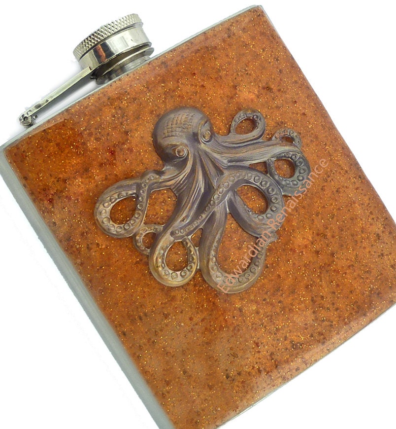 Steampunk Flask Oxidized Octopus Embellished on Copper Blast Resin Kraken Mixed Metals Stainless Steel