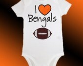 Onesie Bodysuit Baby Shirt - I Love Bengals Football Applique - Embroidered Short or Long Sleeved - Free Shipping