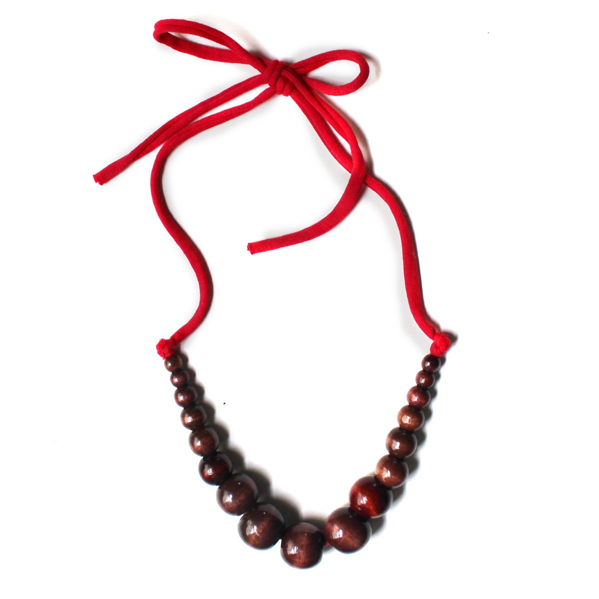 Color Pop Necklace in Dark Chocolate & Red . Non-toxic Beads with a Jersey Tie . Fashionable and baby-friendly