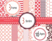 Red pink and brown Digital scrapbook printable paper and clipart, 16 sheets and 6 clip arts INSTANT DOWNLOAD 382