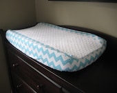 Changing Pad Cover with Minky Center -Aqua and White Chevron