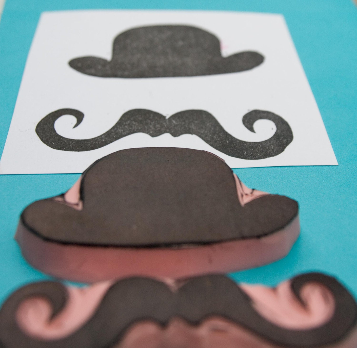 Rubber Stamp Set of Mustache and Hat for Cards Scrapbooks Muslin Bags