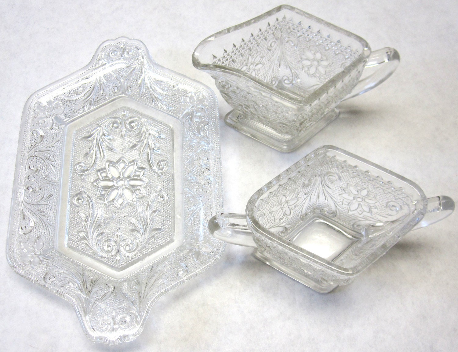 Sandwich Glass Cream Pitcher and Sugar Bowl Set Clear Cut Serving Tray