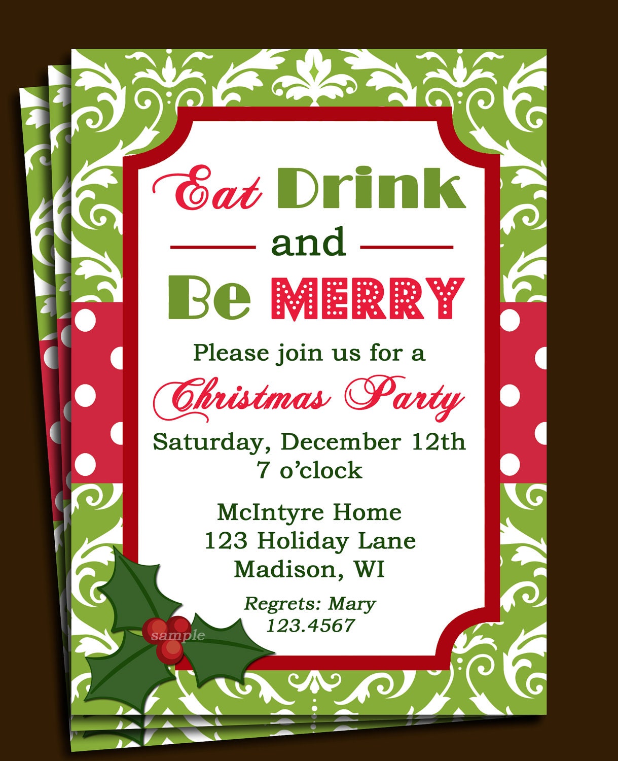 Items similar to Christmas Party Invitation Printable - Green Damask