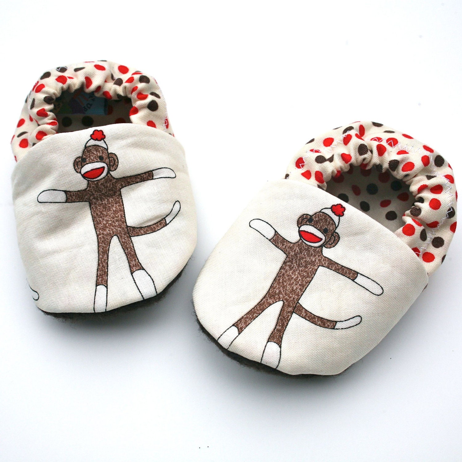 White Sock Monkey Baby Shoes with Polk a dot backs for boy or girl- Size 0 3 6 9 12 months Handmade Baby booties