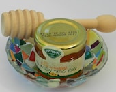 ROSH HASHANAH colorful bowl,honey&wooden honey dipper handemade by dalit glass