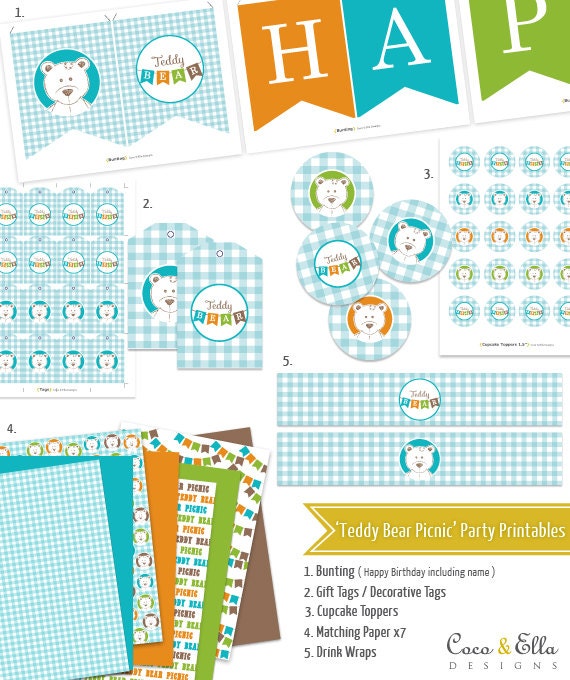 Printable Birthday Party Collection Template - 'Teddy Bear's Picnic' Il_570xn