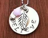 BELIEVE hand-stamped circle pink swarovski dangle leaf charm sterling silver chain