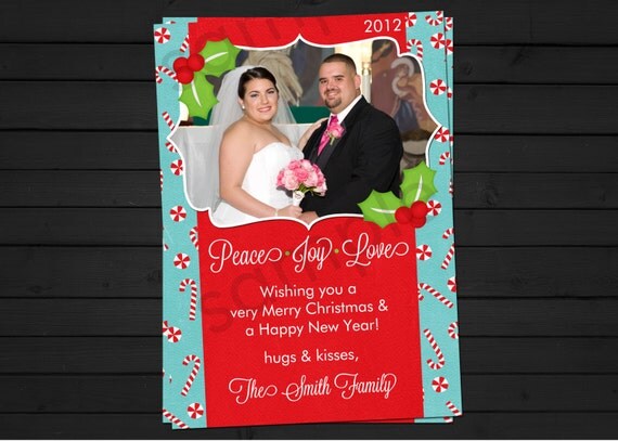 Holly Candy Canes Peace Joy Love Christmas Card digital file YOU-PRINT Il_570xn