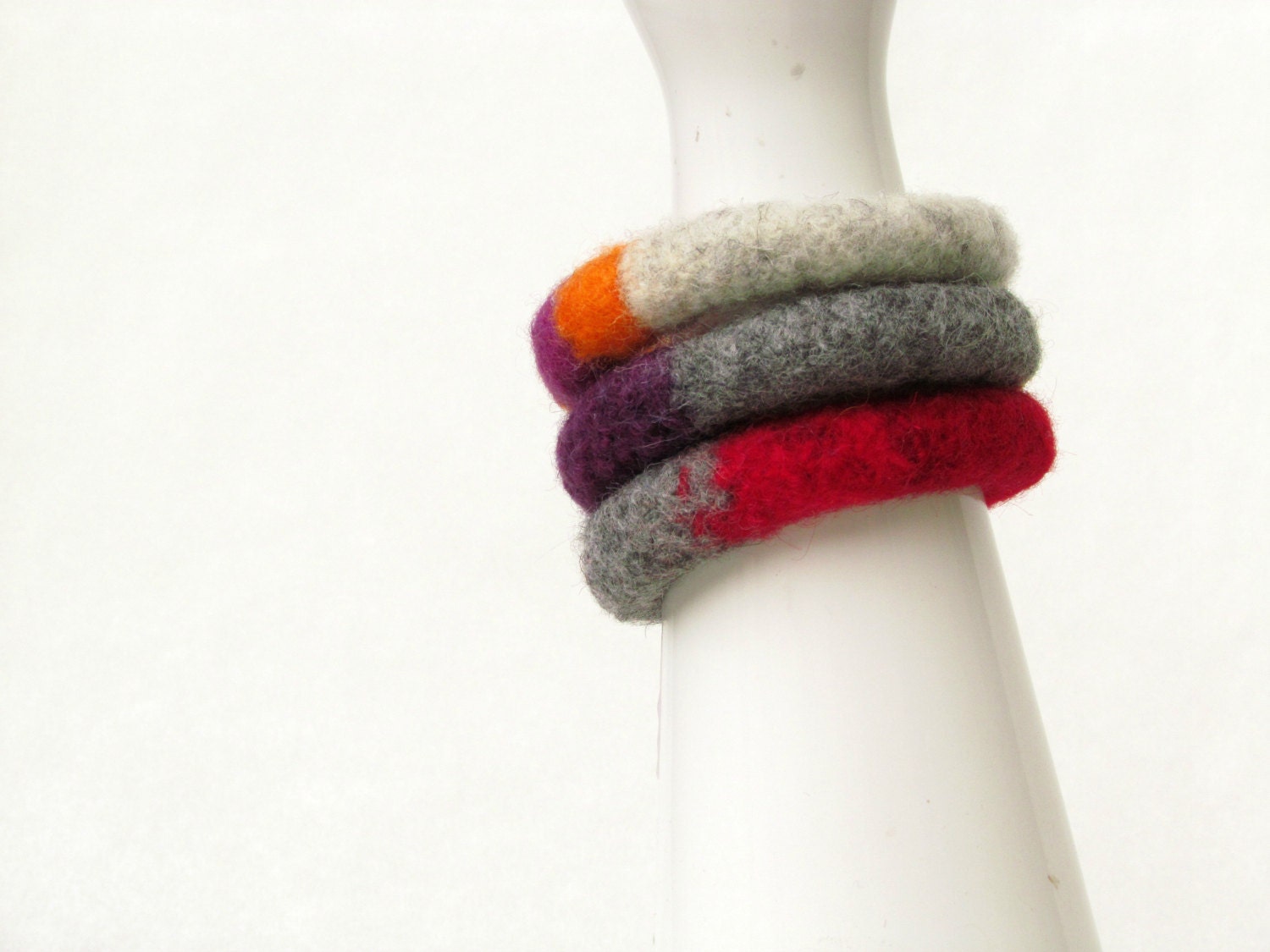 Stacking felt bangles - Set of three - red grey orange mustard purple - eco-friendly - Winter accesories wool - soft jewelry