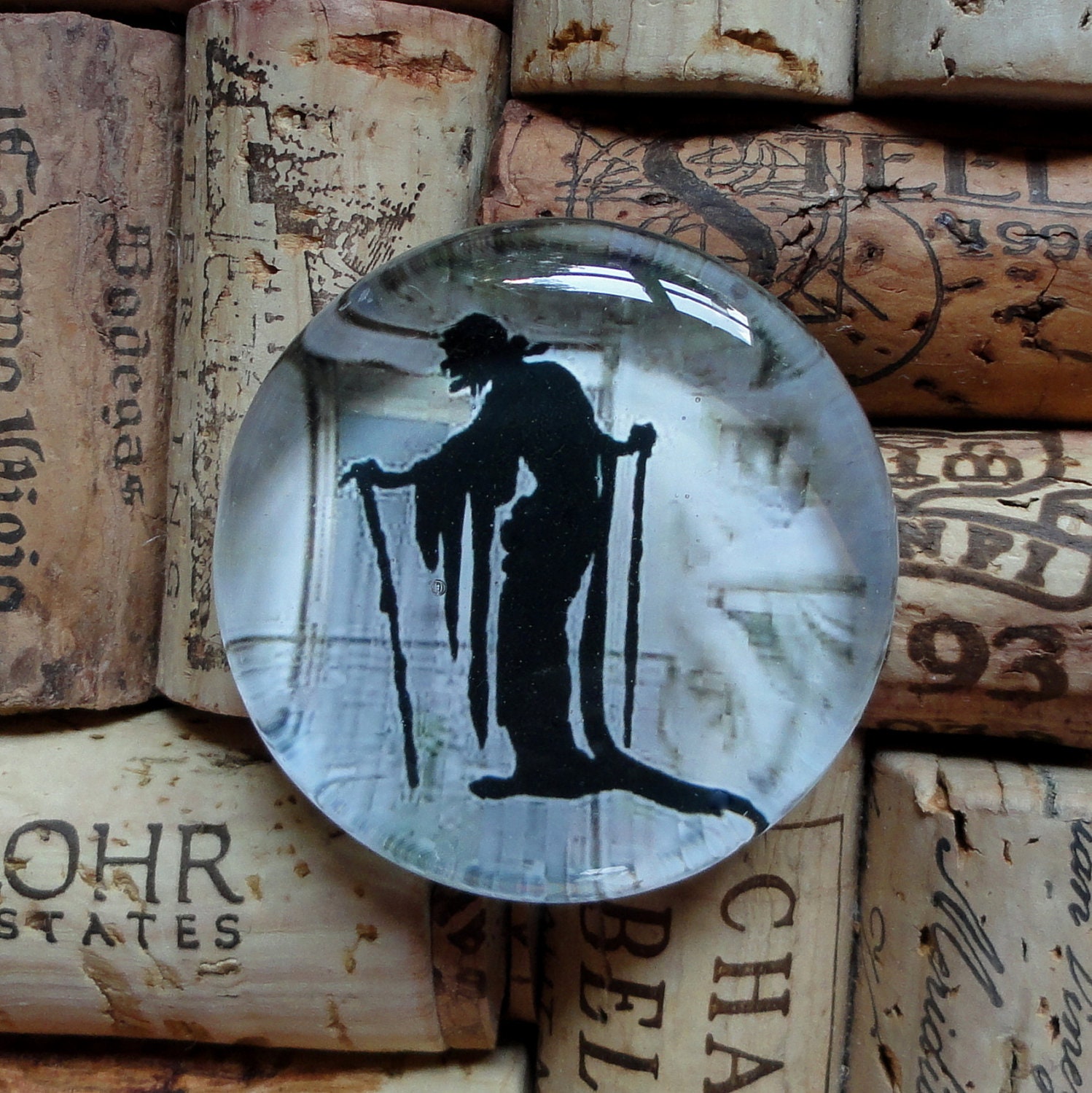 Classy Glass Magnet ol' HAG SILHOUETTE a real WITCH set against an Stone Doorway...Spooky...Free Shipping to U S A addresses